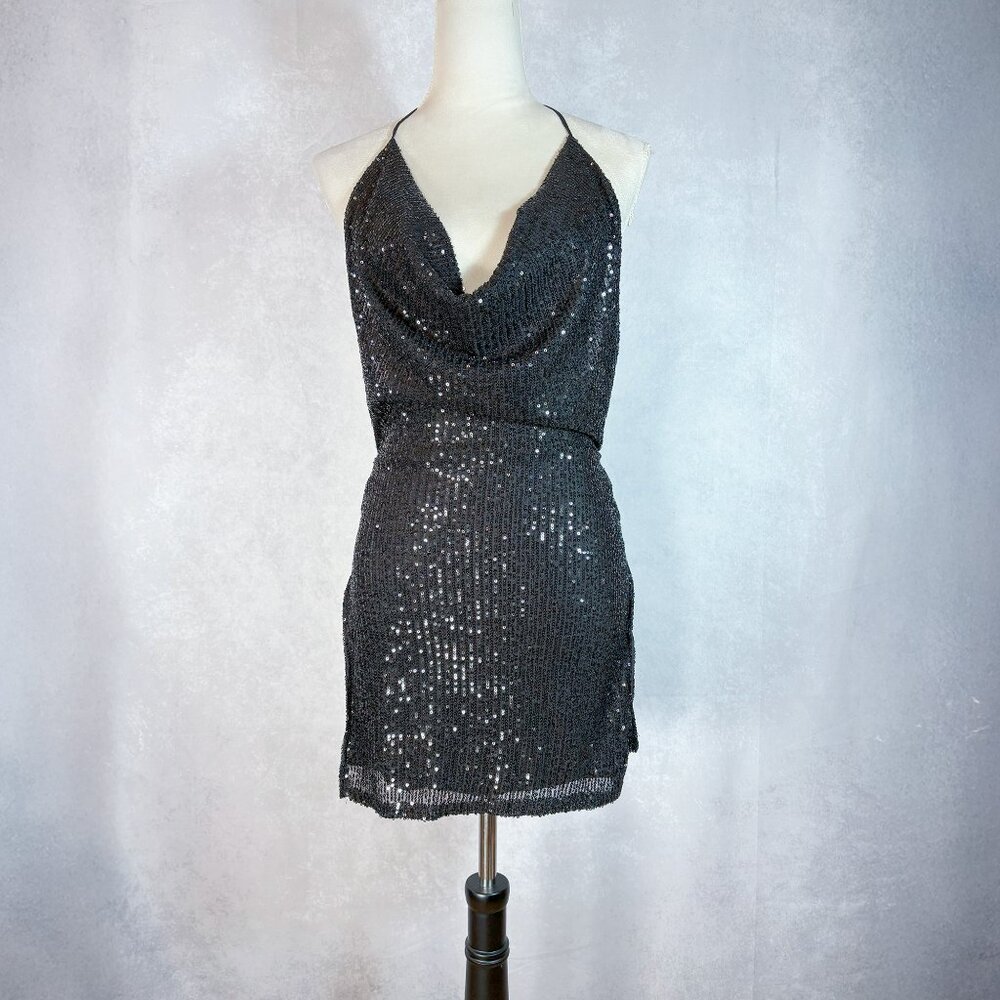 NWT Fashion Nova Sequin Feeling Frisky Mini Dress Halter Black Size M